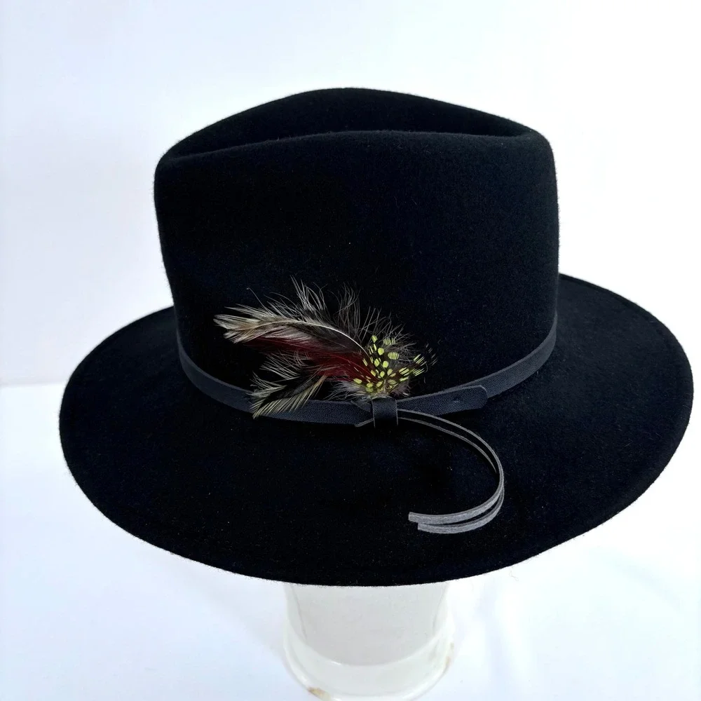 Turner Hat Company American Sportsman Fedora Black 100% Wool Feather Trim Medium